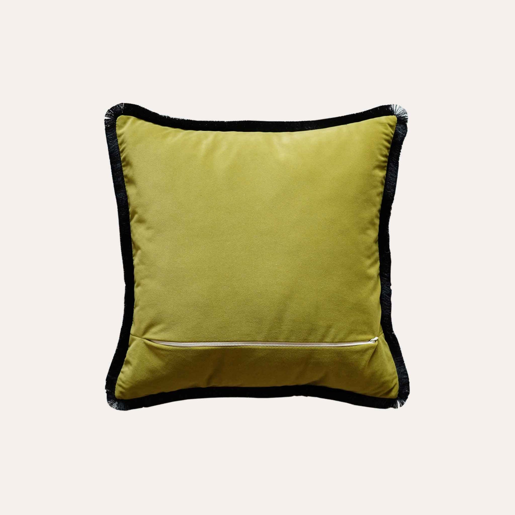 Oriental floral embroidery, black burlap with yellow-green velvet cushion cover.
