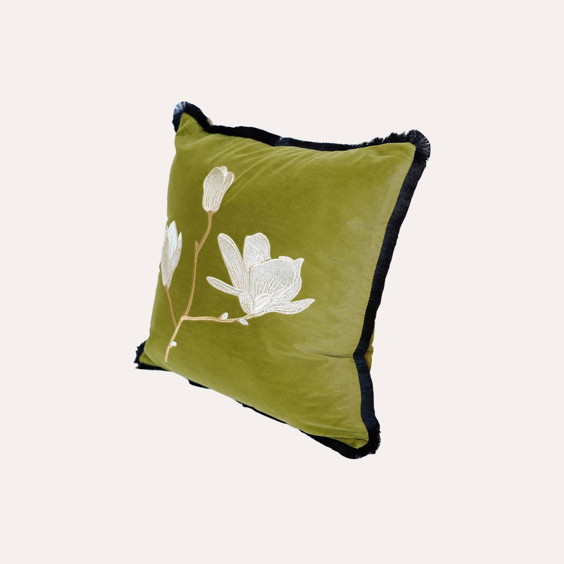 Oriental floral embroidery, black burlap with yellow-green velvet cushion cover.
