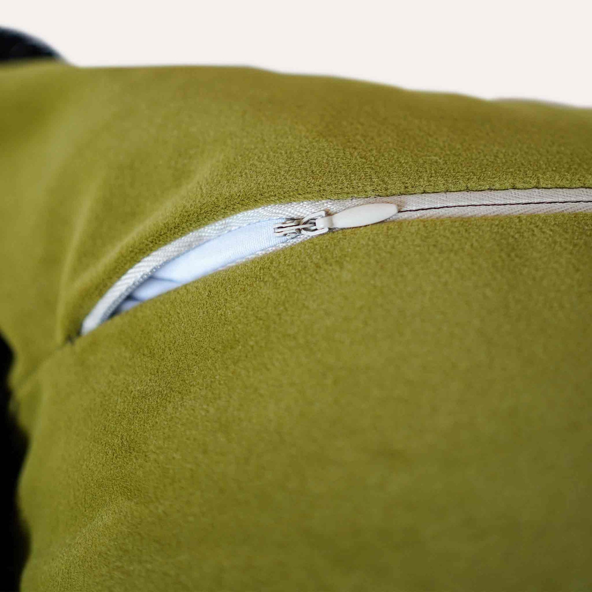 Oriental floral embroidery, black burlap with yellow-green velvet cushion cover with invisible zipper.