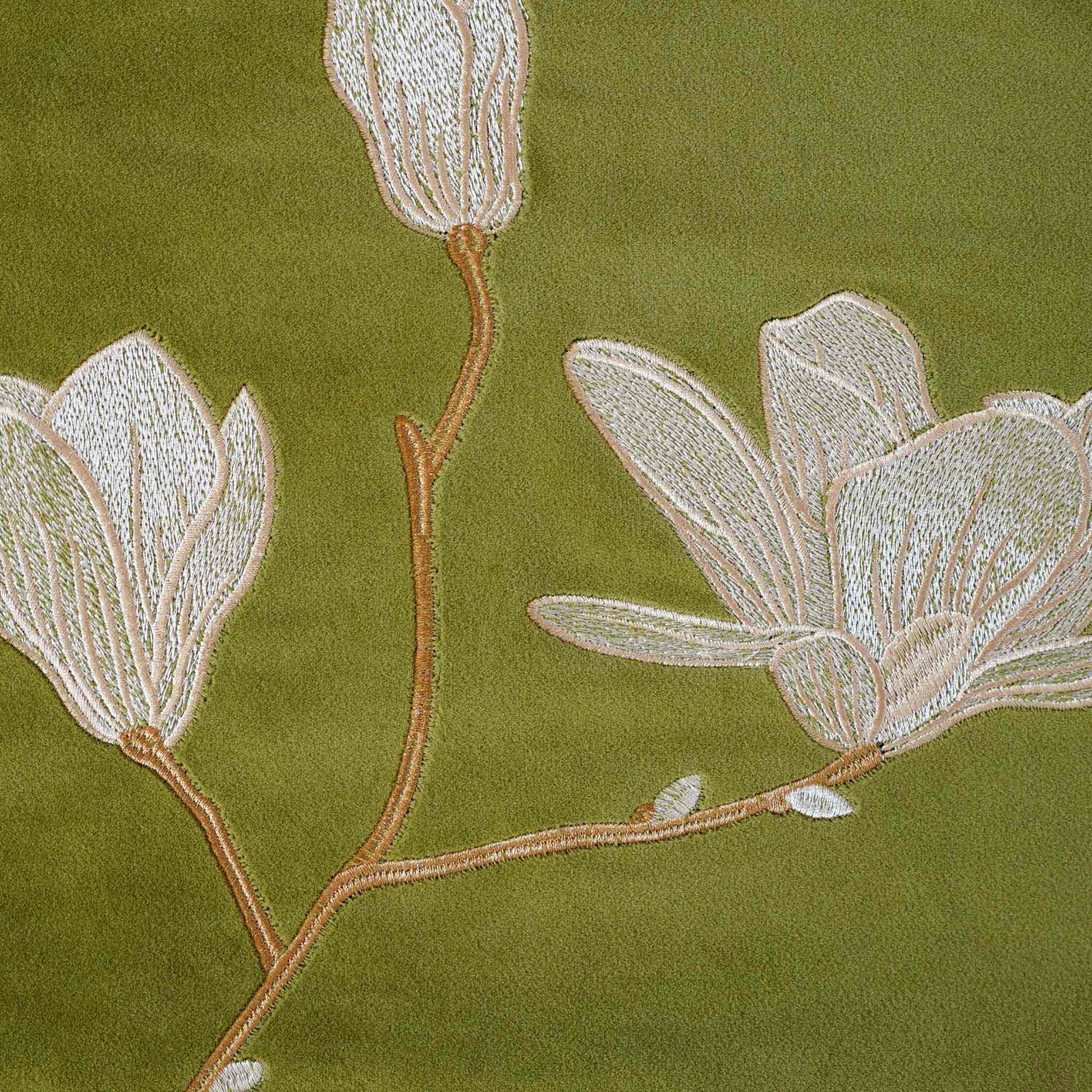 Oriental floral embroidery, black burlap with yellow-green velvet cushion cover.