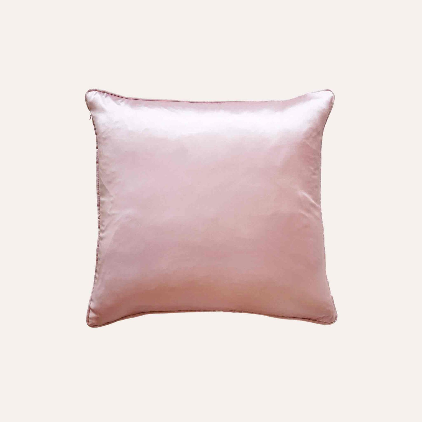 Gentle pink tropical palm leaves polyester decor cushion cover with solid pink back.
