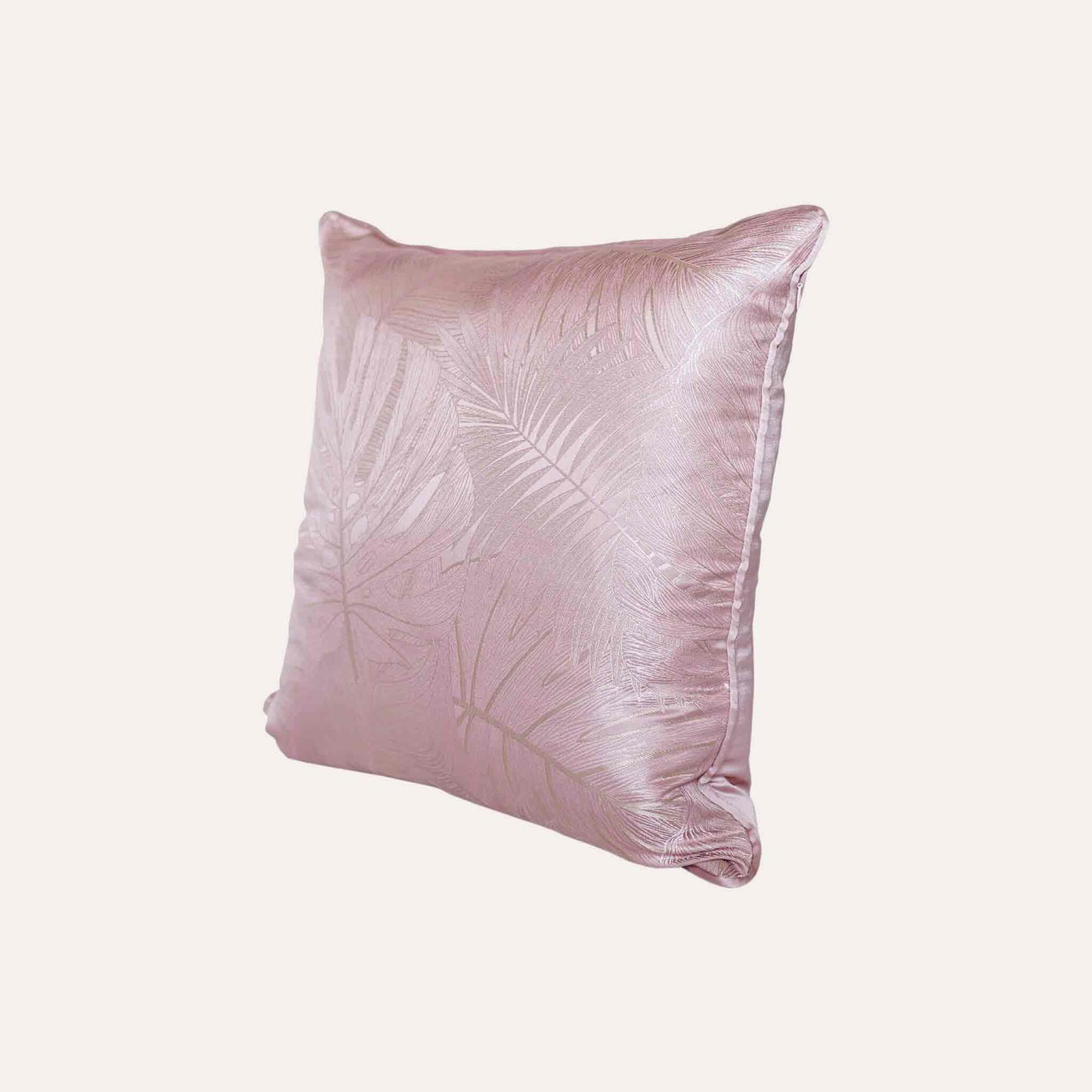 Gentle pink tropical palm leaves polyester decor cushion cover.