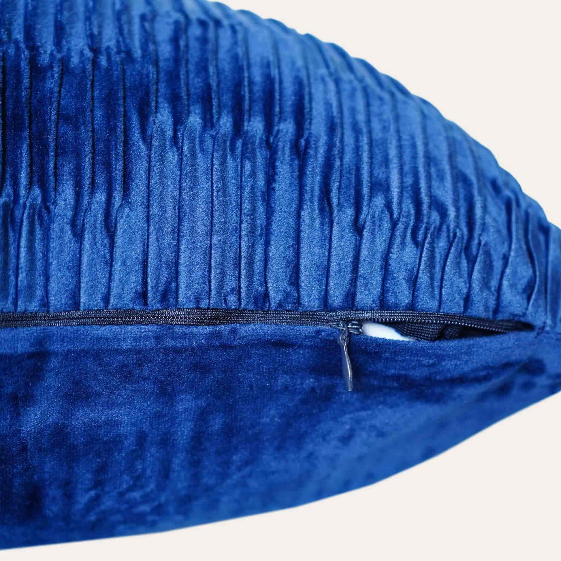 Luxurious prussian blue pleated design velvet cushion cover with invisible zipper.