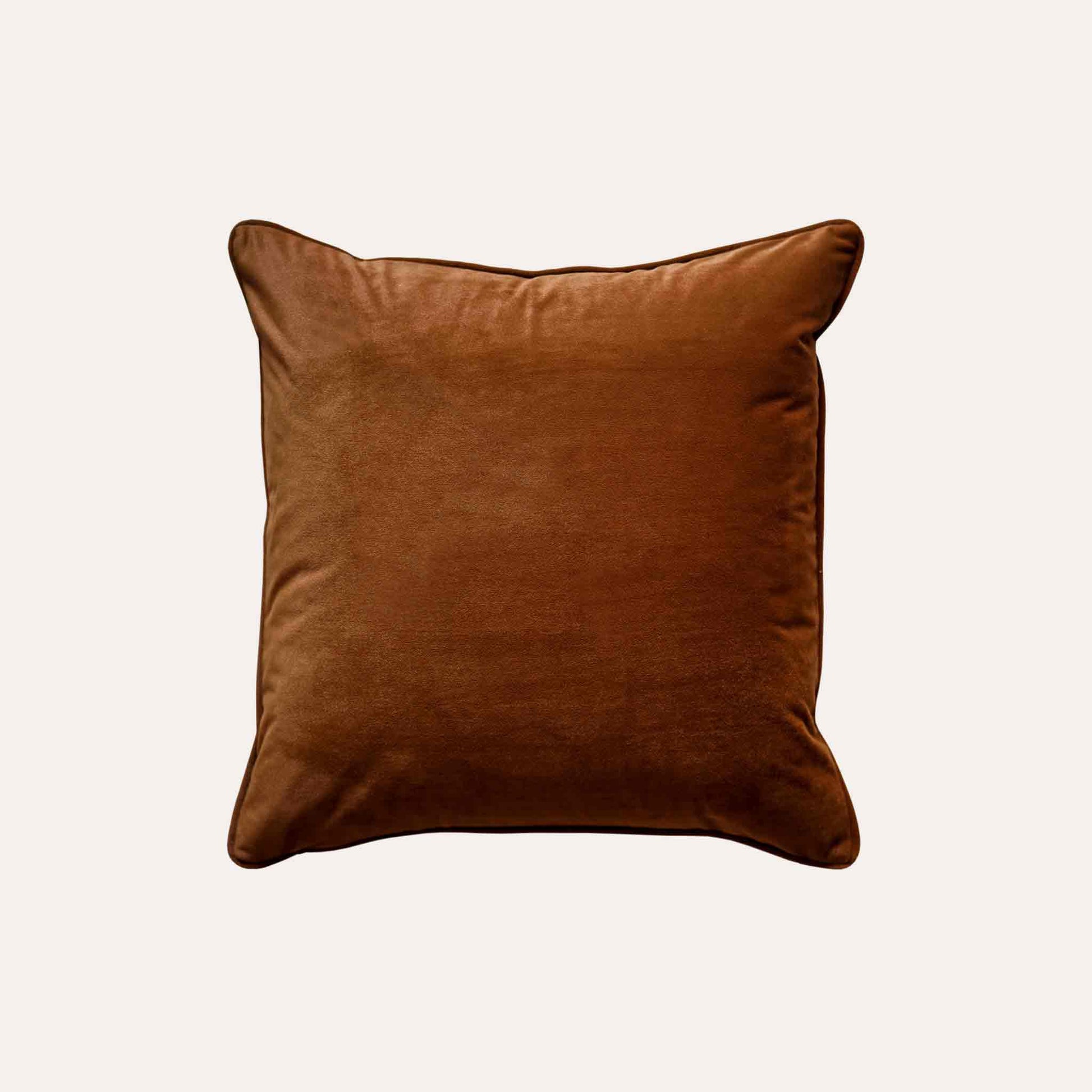 Soft raw umber velvet with stylish piping cushion cover.