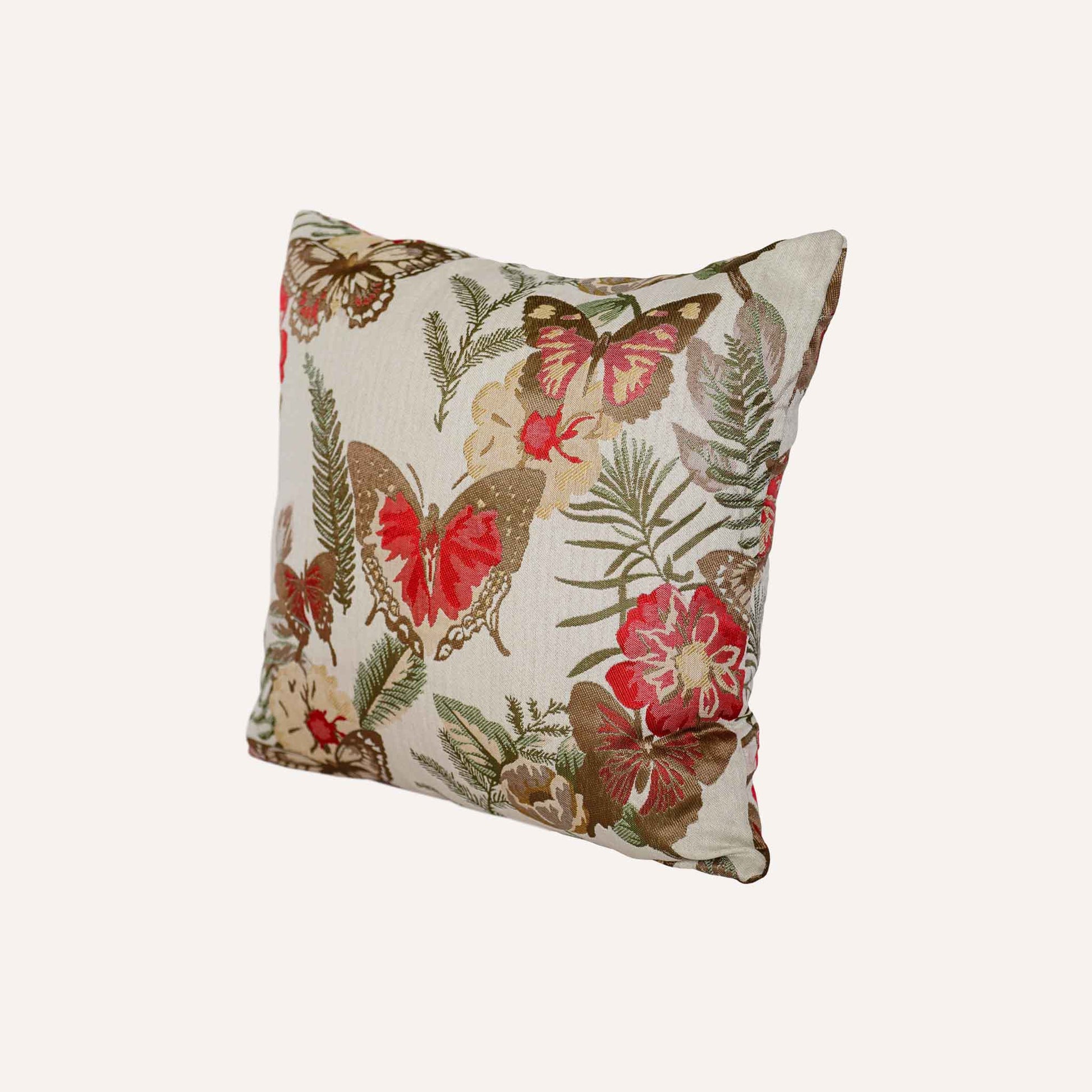 Red butterfly and floral pattern cushion.