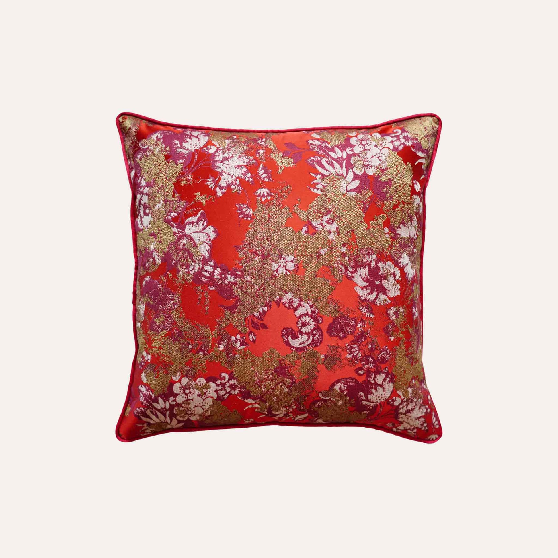 Luxury gold white abstract floral on red polyester decorative cushion cover.