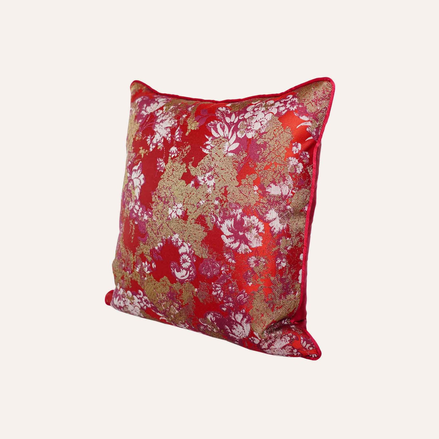 Luxury gold white abstract floral on red polyester decorative cushion cover.