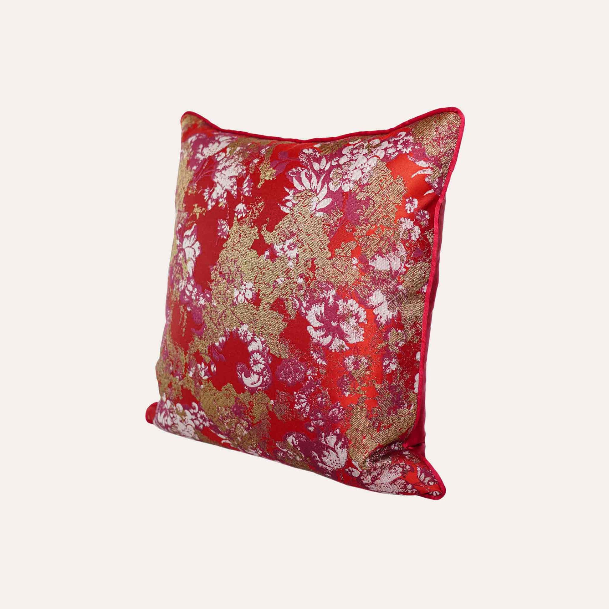 Luxury gold white abstract floral on red polyester decorative cushion cover.