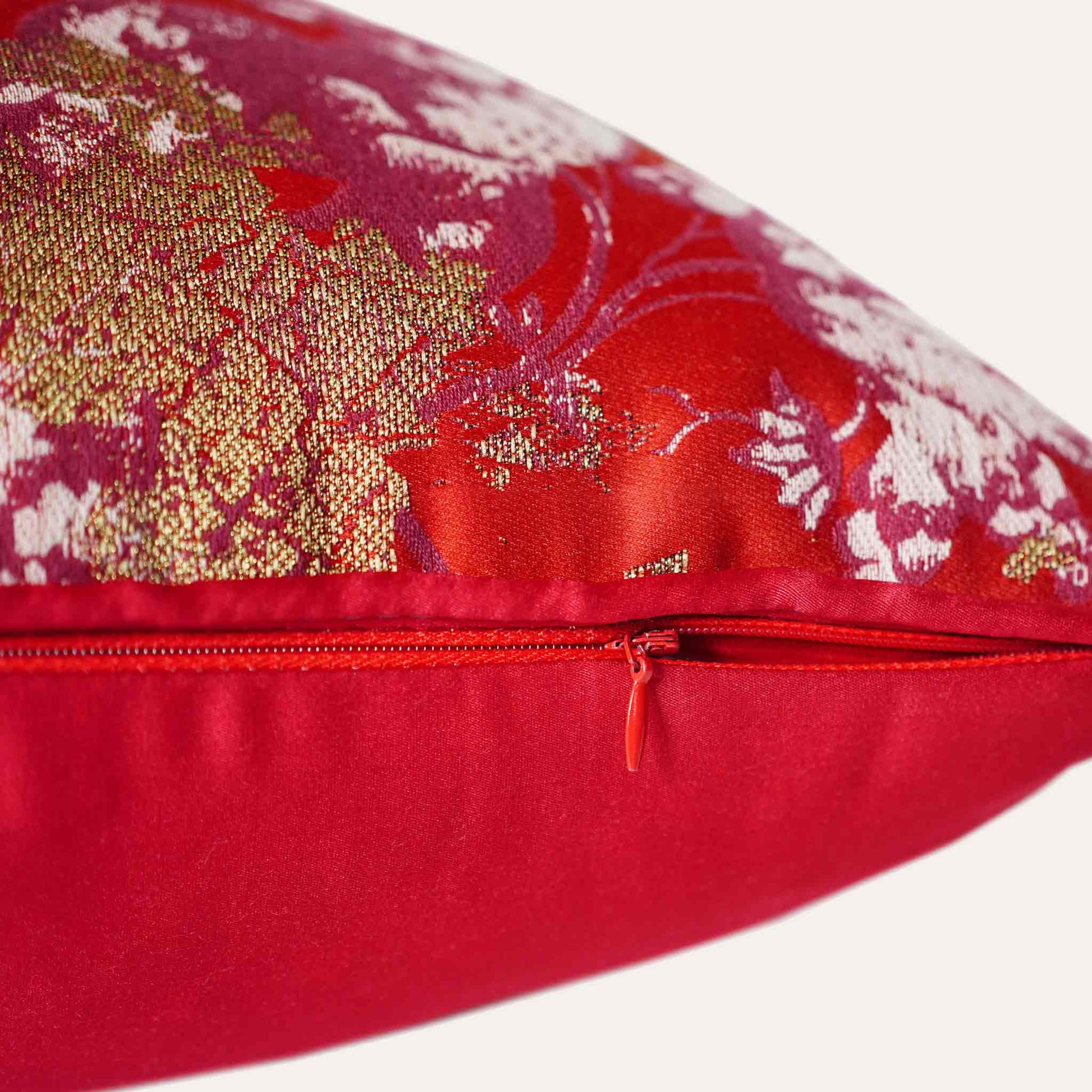 Luxury gold white abstract floral on red polyester decorative cushion cover with invisible zipper.