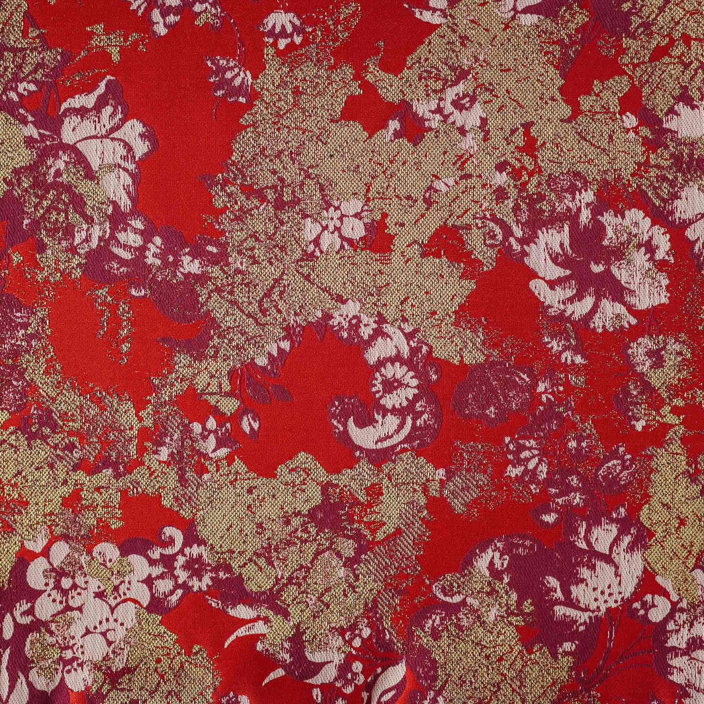 Luxury gold white abstract floral on red polyester decorative cushion cover.