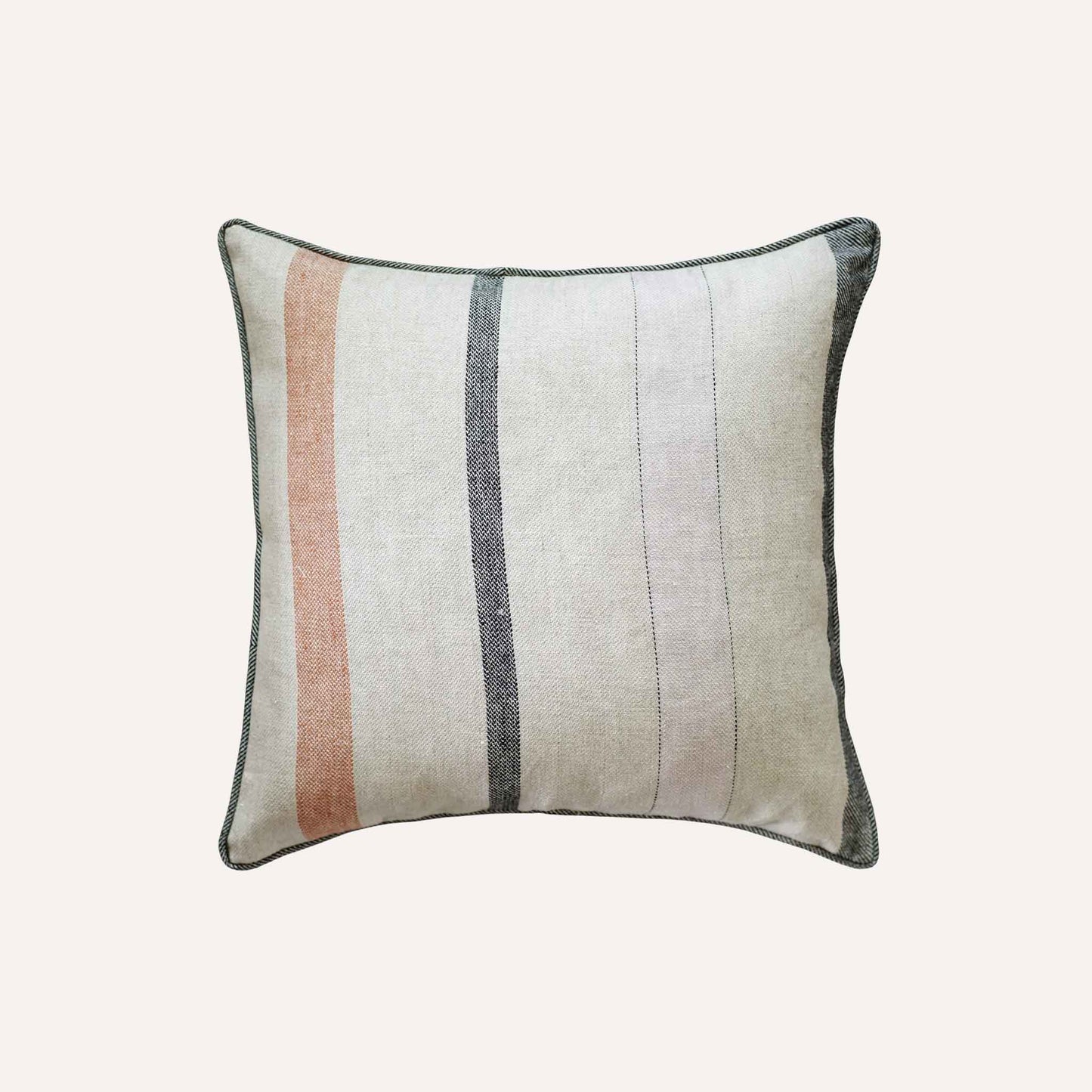 Red and grey stripes on grey background cushion with welt edges.
