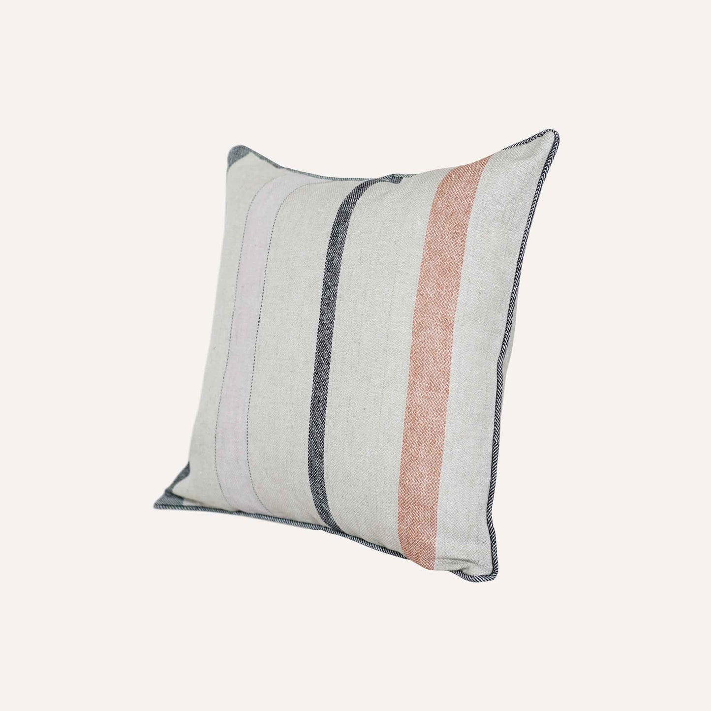 Red and grey stripes on grey background cushion with welt edges.