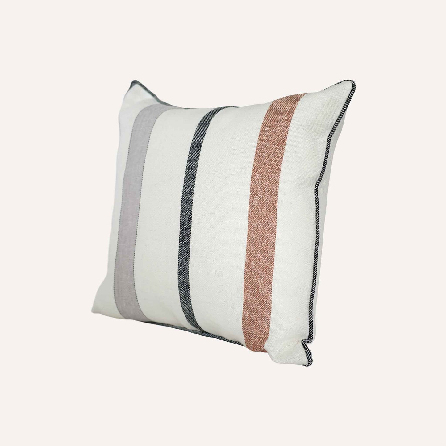 Red and grey stripes on white background cushion with welt edges.