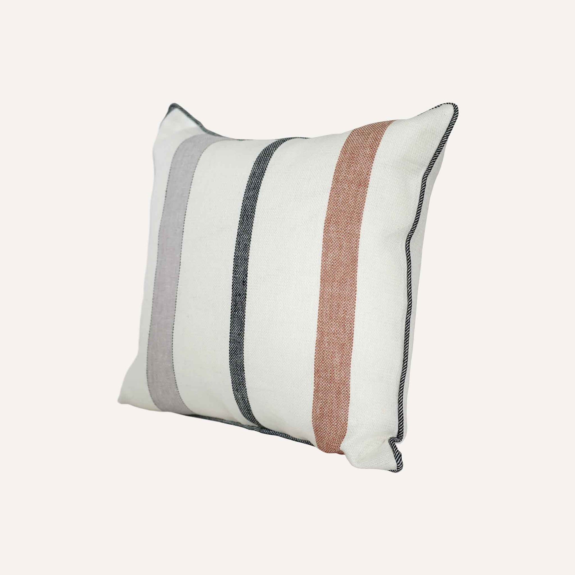 Red and grey stripes on white background cushion with welt edges.