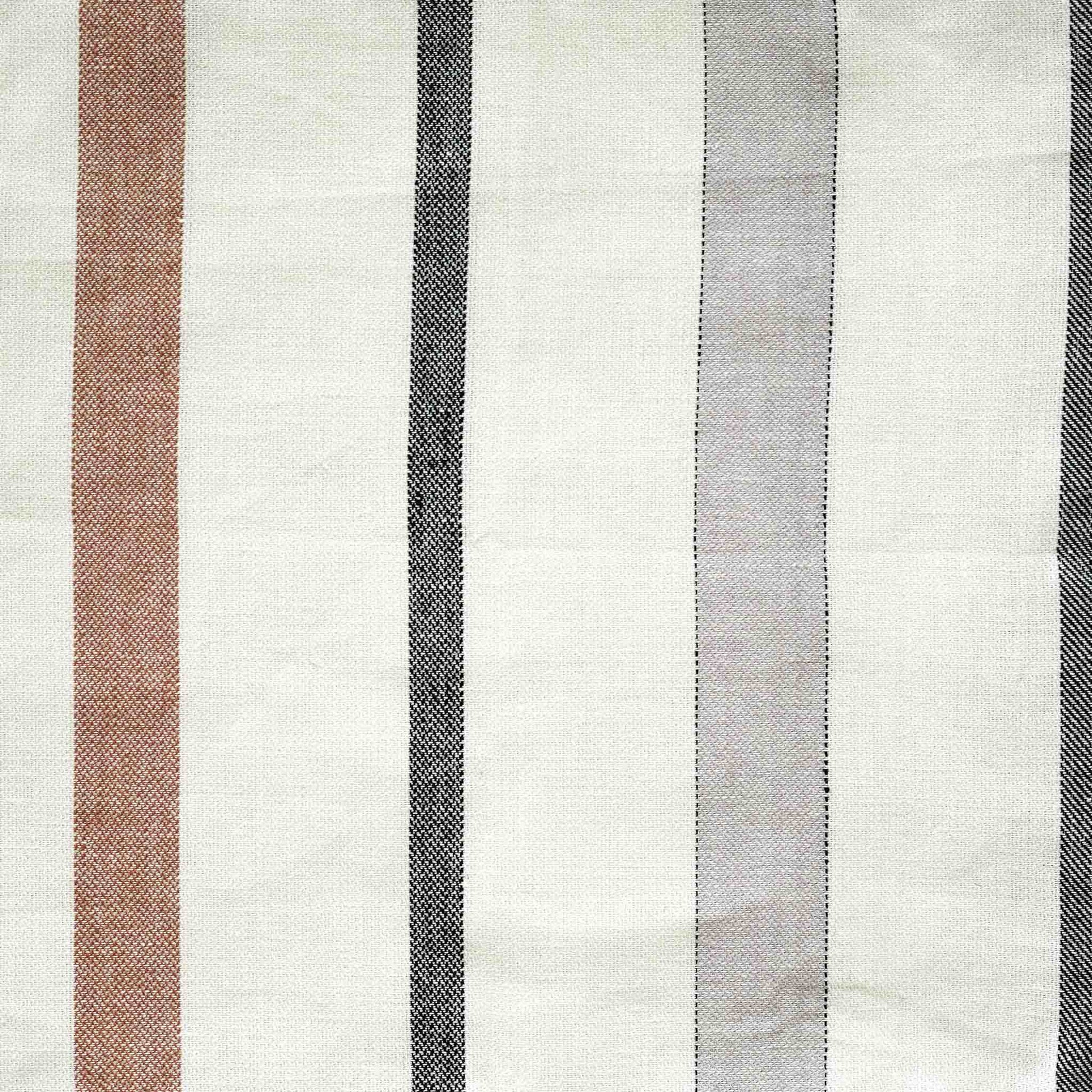 Red and grey stripes on white background cushion with welt edges.