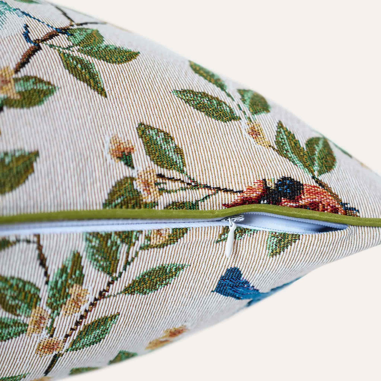Vintage bird on branch cushion cover with invisible zipper.