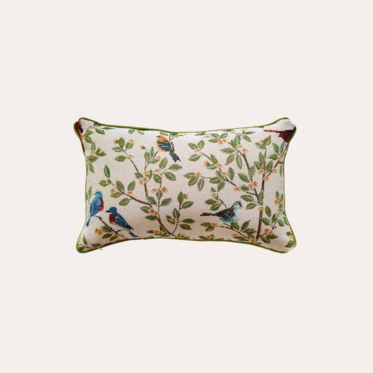 A stylish lumbar cushion cover adorned with retro birds on branches.