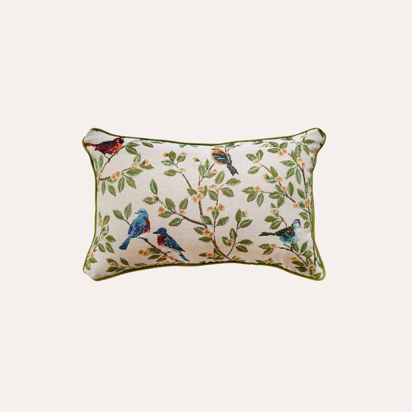 A stylish lumbar cushion cover adorned with retro birds on branches.