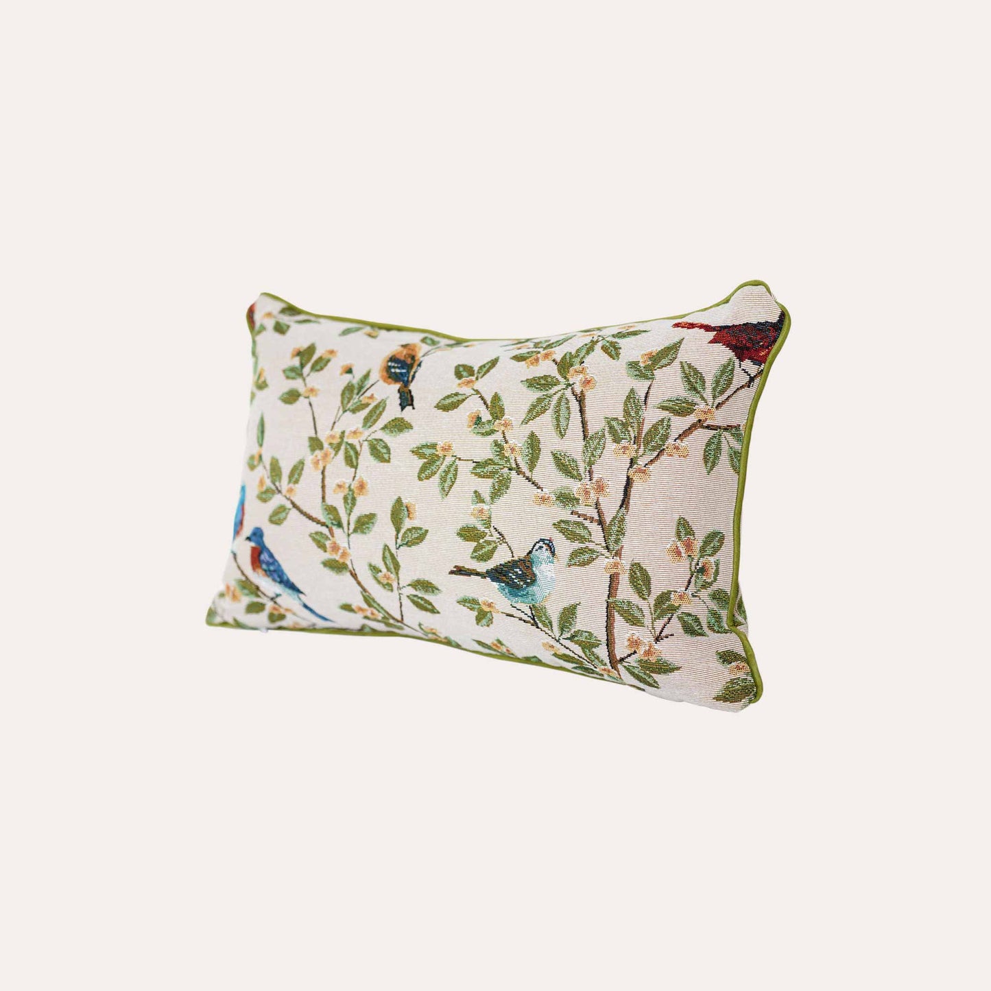 A stylish lumbar cushion cover adorned with retro birds on branches.
