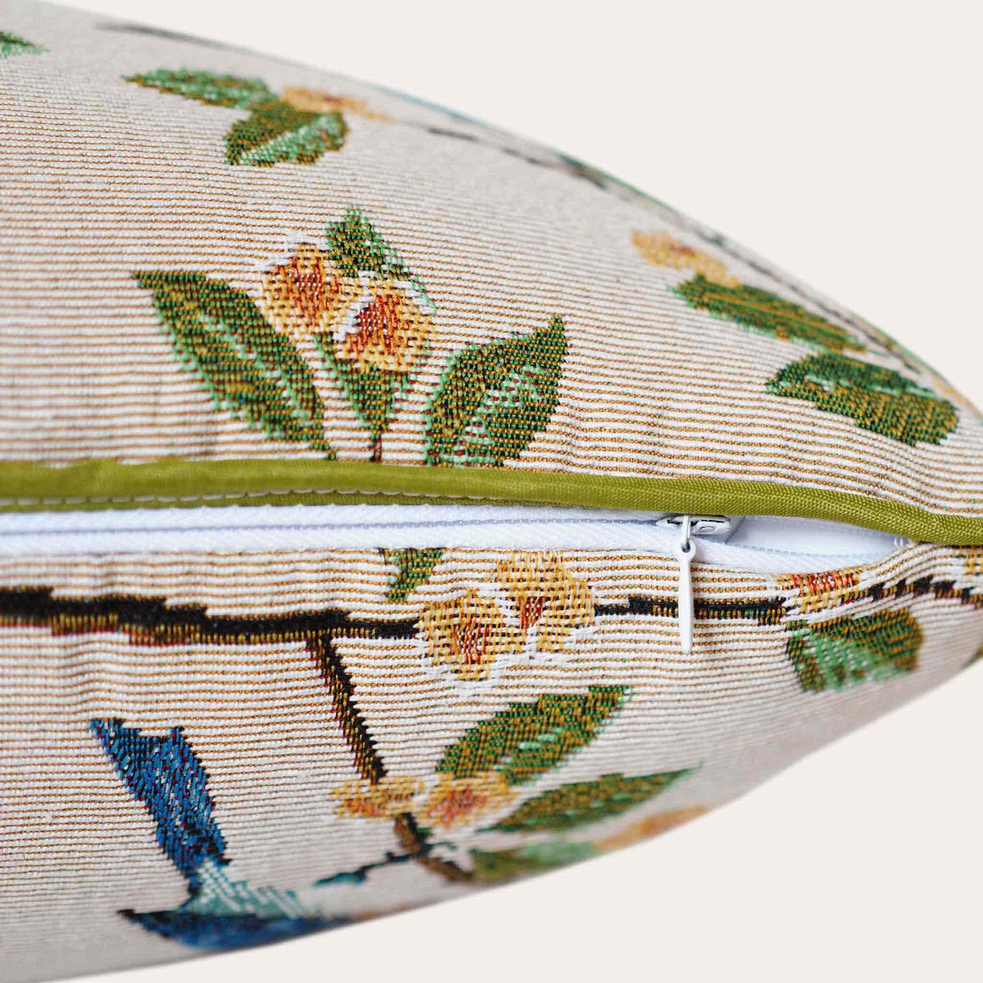 Stylish lumbar cushion cover decorated with vintage birds on branches with invisible zipper.