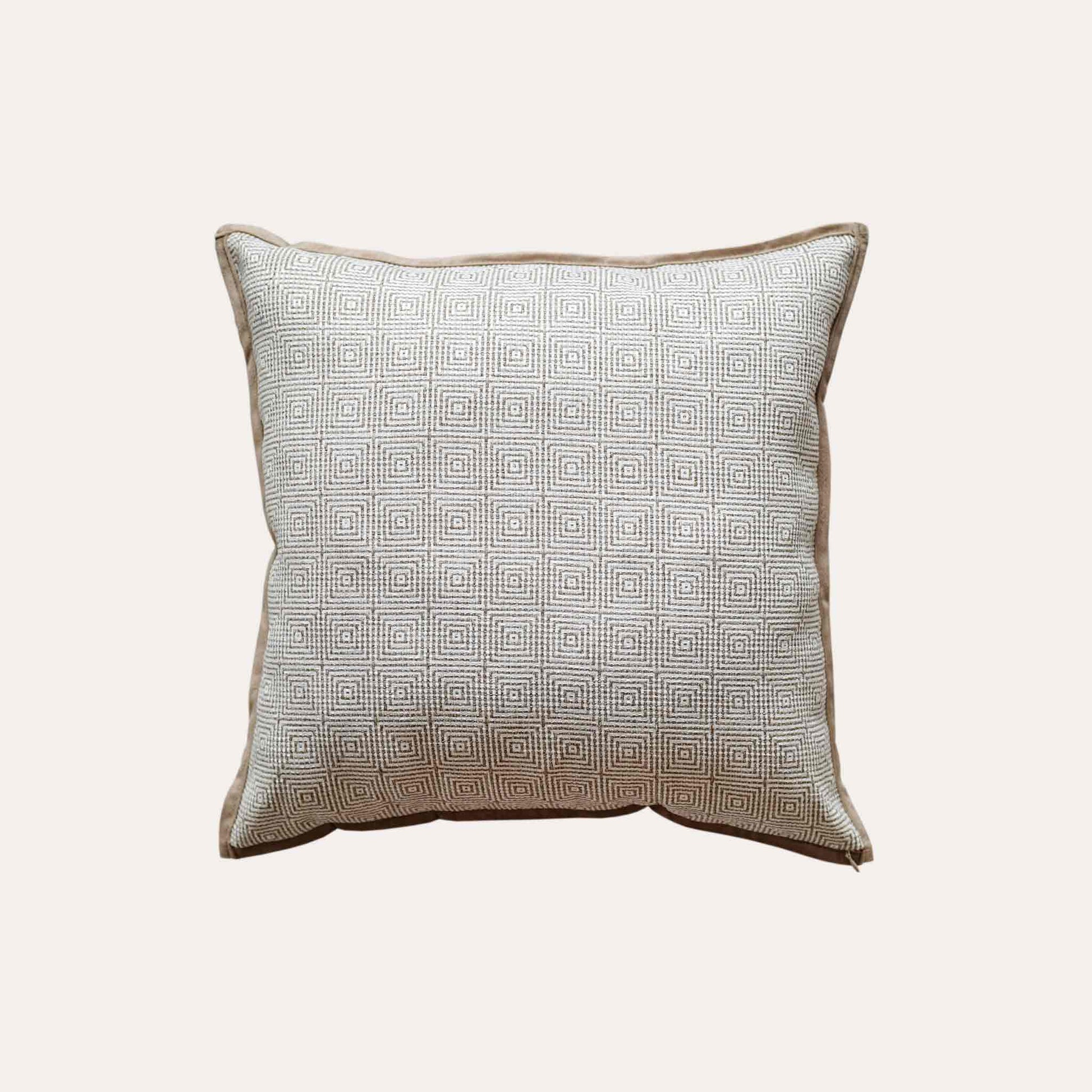 Retro luxury cushion covers with beige-brown geometric design on a neutral background.