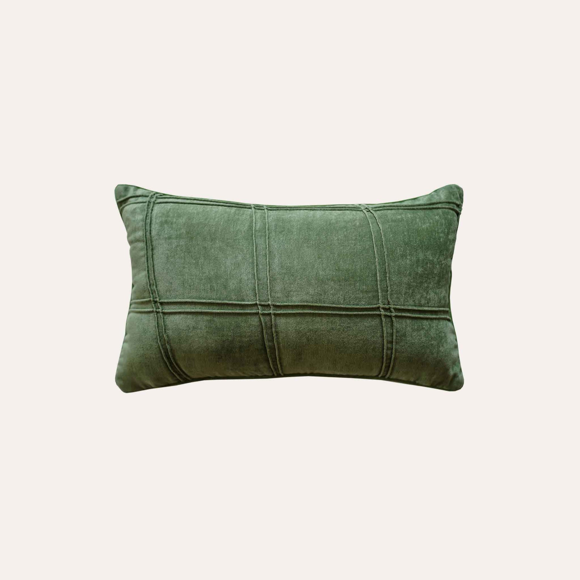 Rectangular sage green velvet cushion cover.