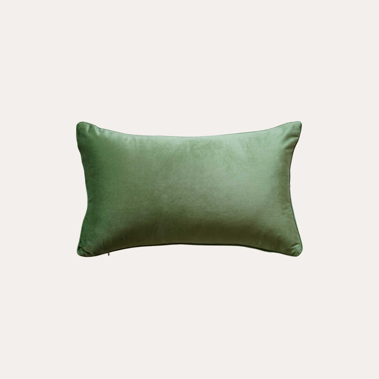 Rectangular sage green velvet cushion cover, solid green in back.