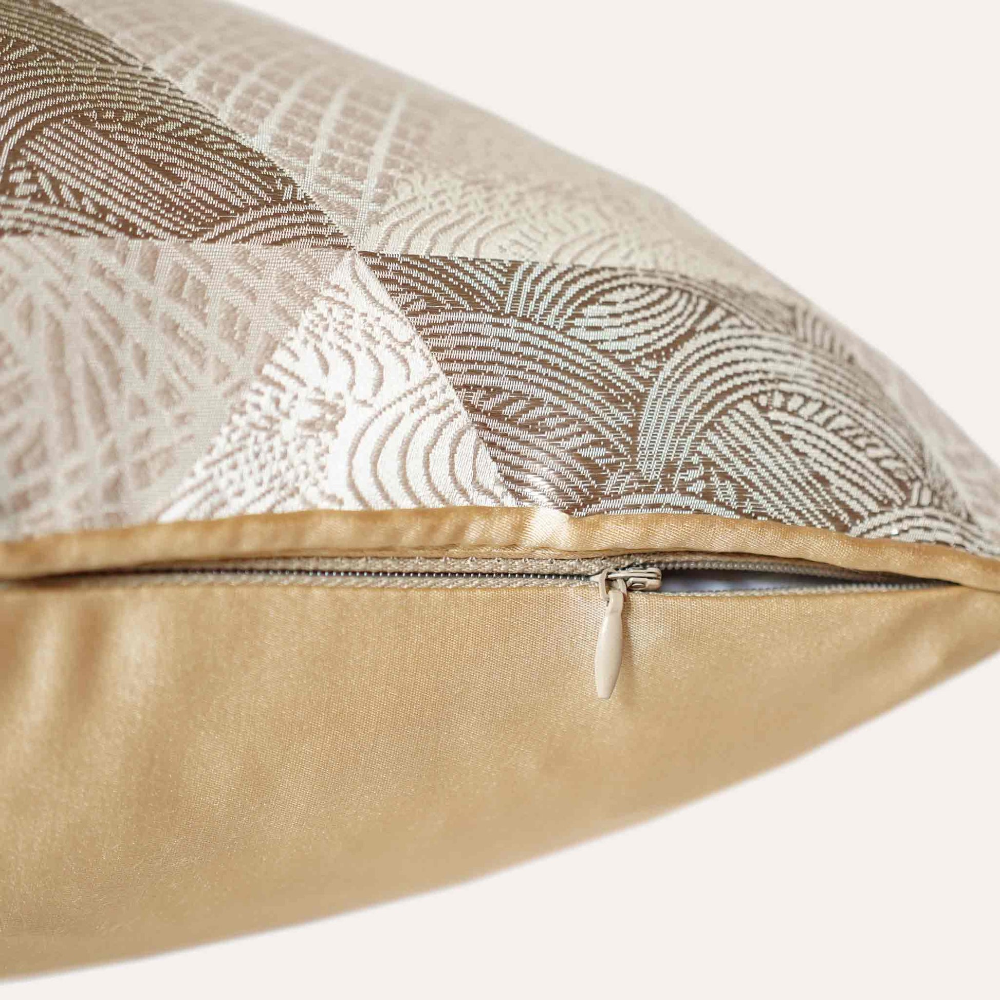 Elegant champagne gold color cushion cover showcasing a unique geometric pattern with invisible zipper.