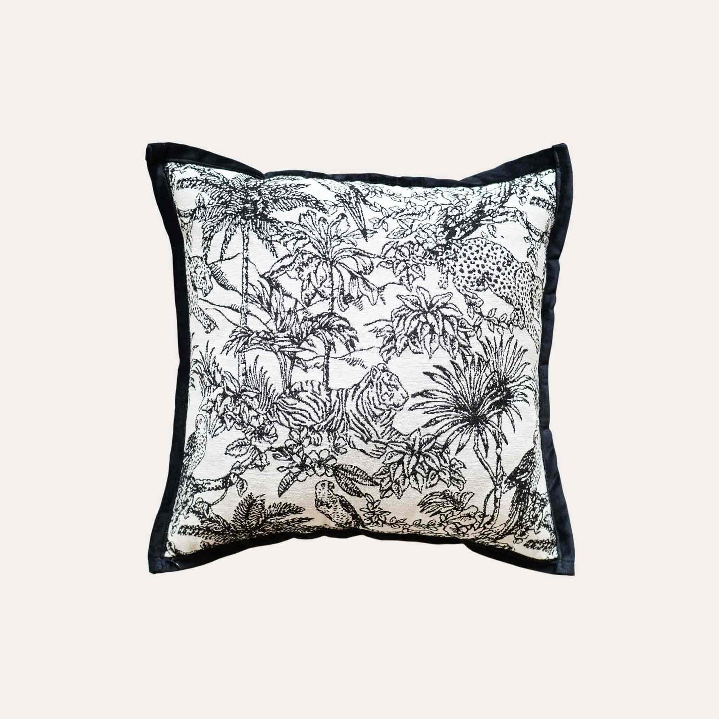 Black and white jungle animal jacquard, black wide border cushion cover.