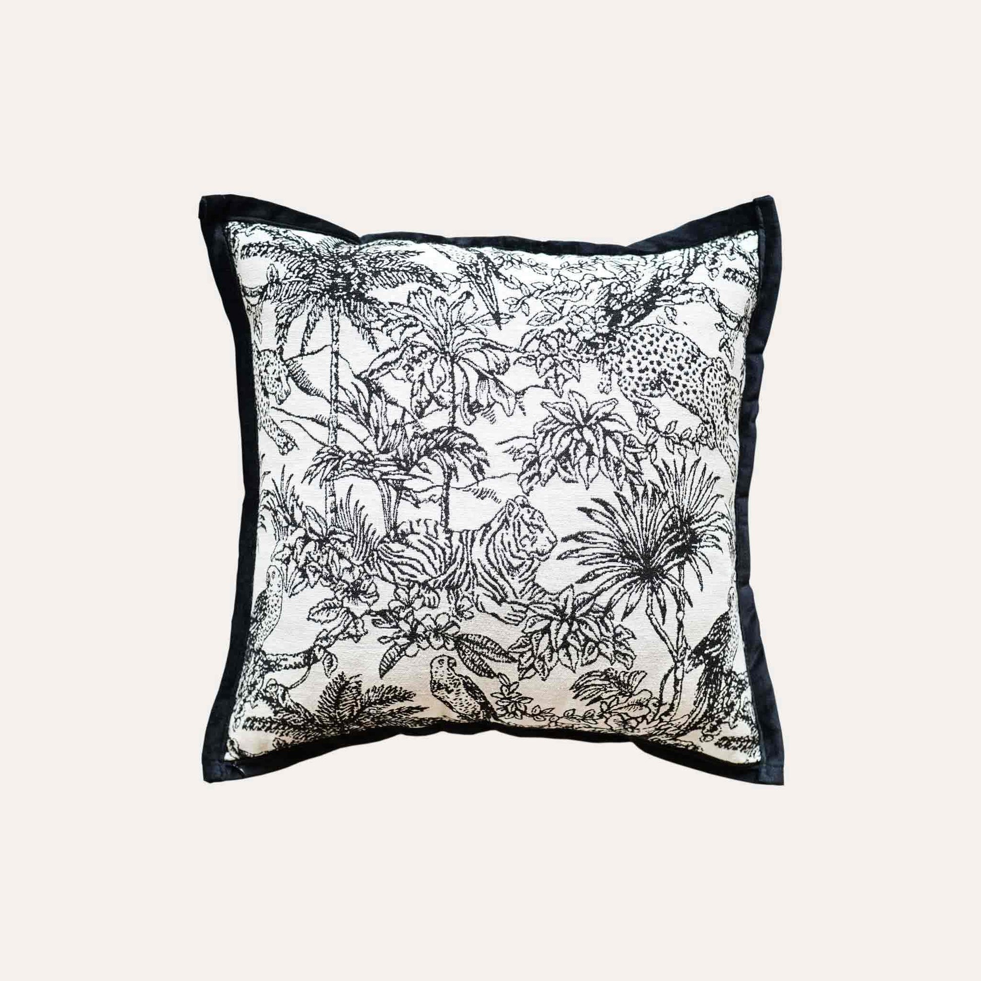 Black and white jungle animal jacquard, black wide border cushion cover.