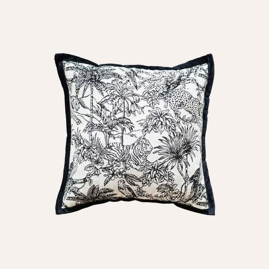 Black and white jungle animal jacquard, black wide border cushion cover.