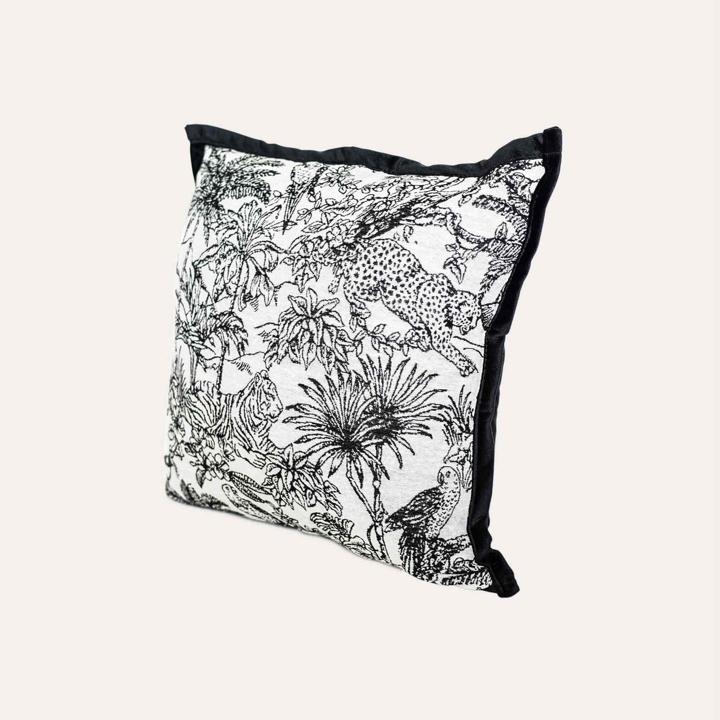 Black and white jungle animal jacquard, black wide border cushion cover.