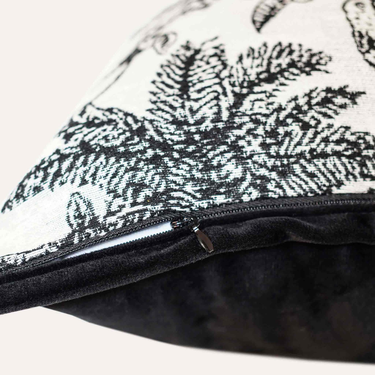 Black and white jungle animal jacquard, black wide border cushion cover with invisible zipper.