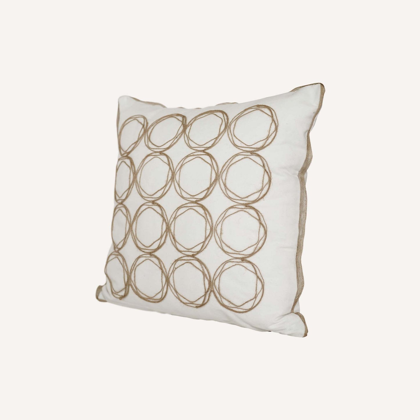 Round twine design cushion with white background adds a modern touch to home decor.