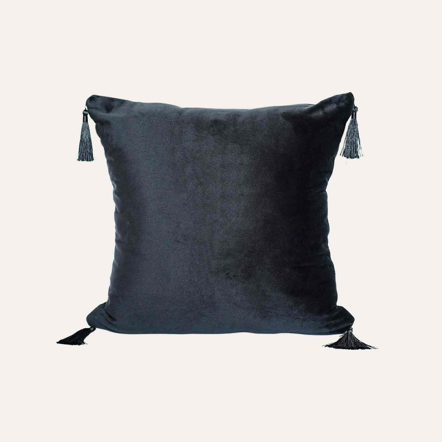 White butterfly on black background, fringed chenille cushion cover with black back.