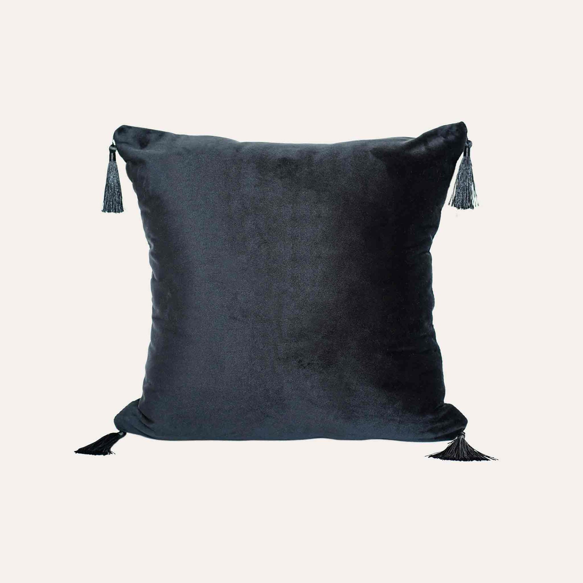White butterfly on black background, fringed chenille cushion cover with black back.