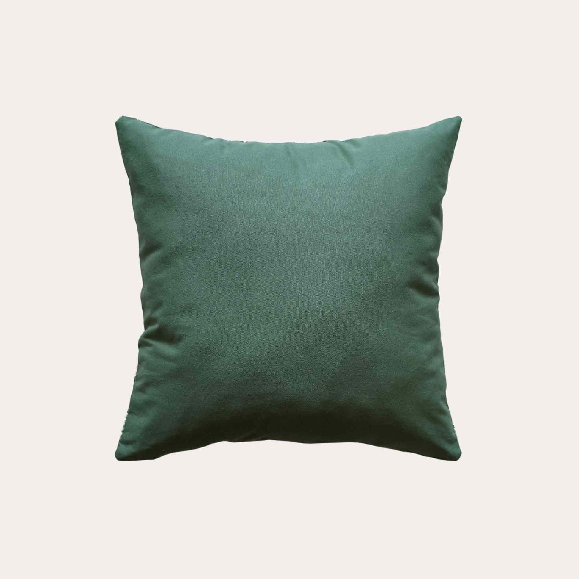 White straw embroidered dark green background cushion cover with solid green back.