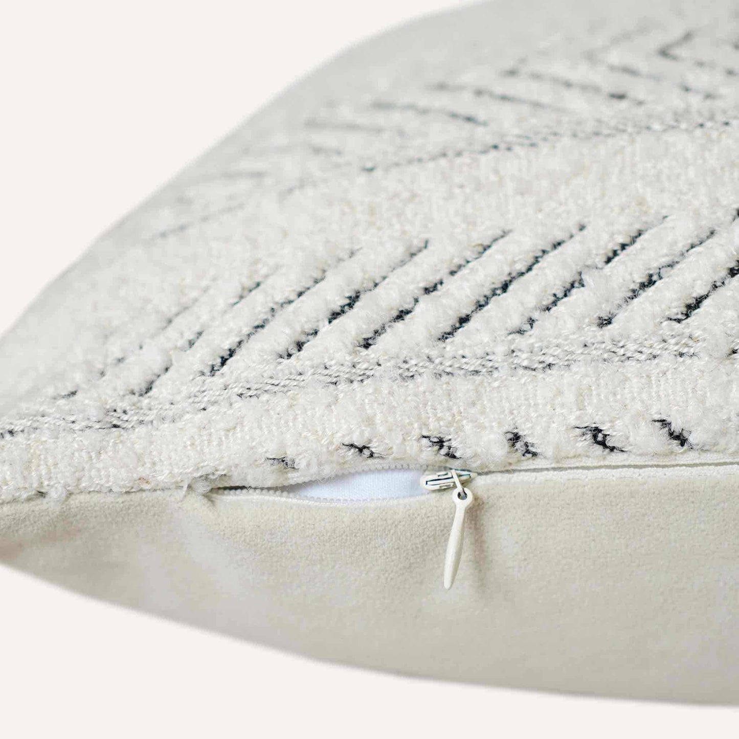White textured herringbone pattern cushion cover with invisible zipper.