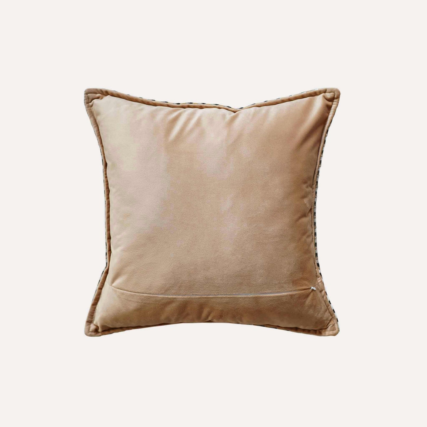 A yellow-black woven textured cushion cover with brown back.