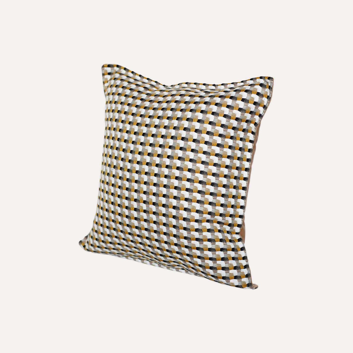 A yellow-black woven textured cushion cover.