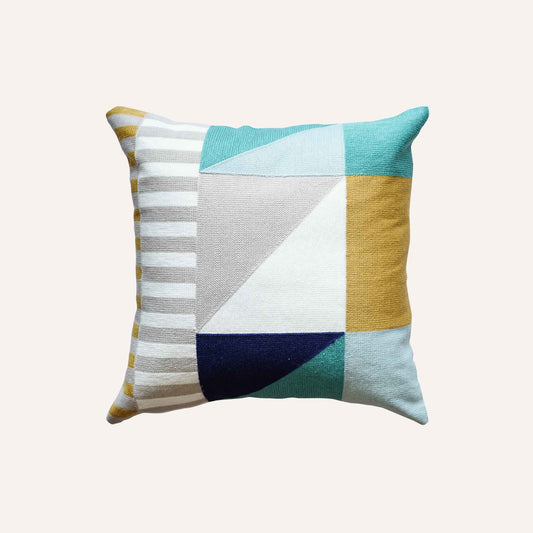 Yellow green grey irregular geometric pattern embroidered cotton cushion.