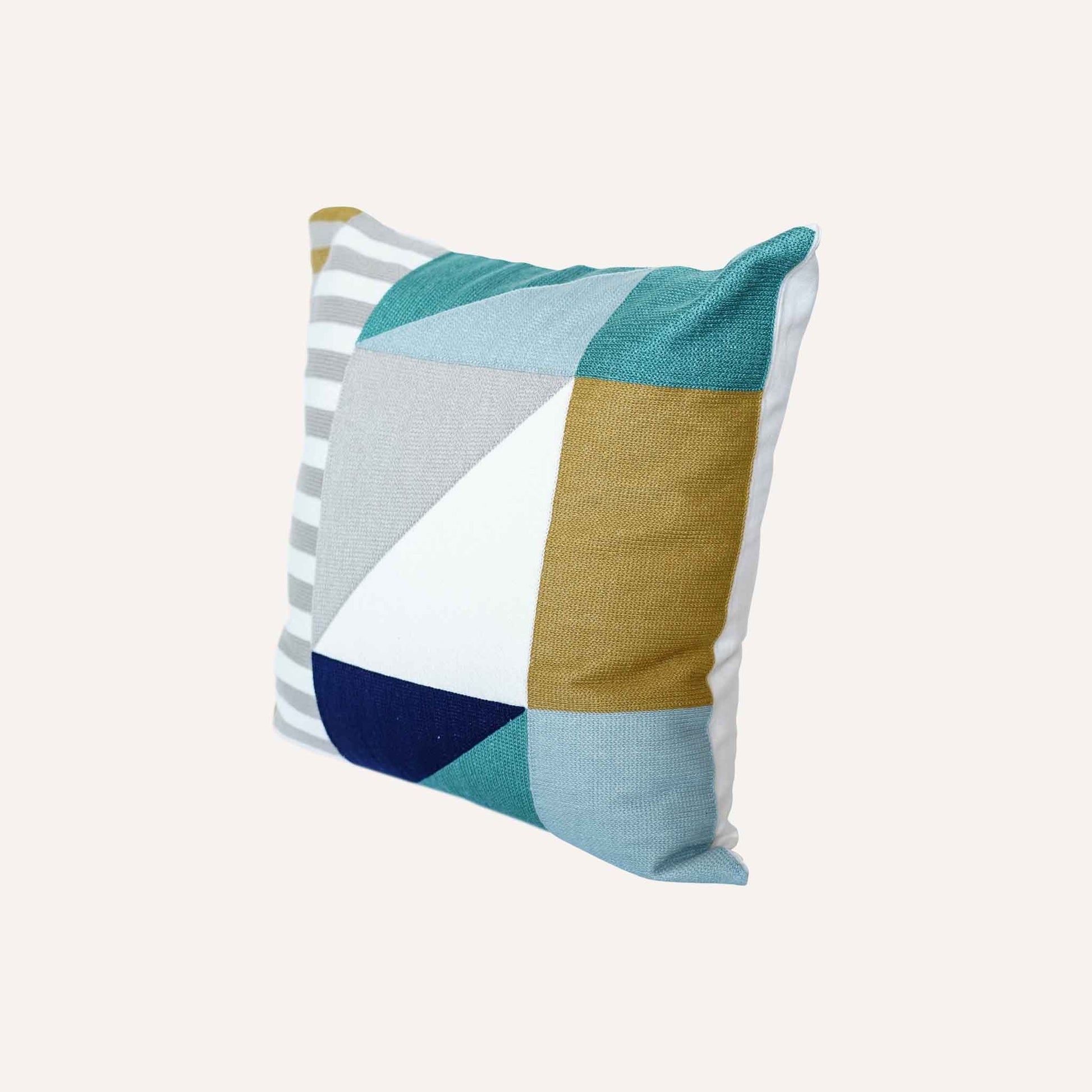 Yellow green grey irregular geometric pattern embroidered cotton cushion.
